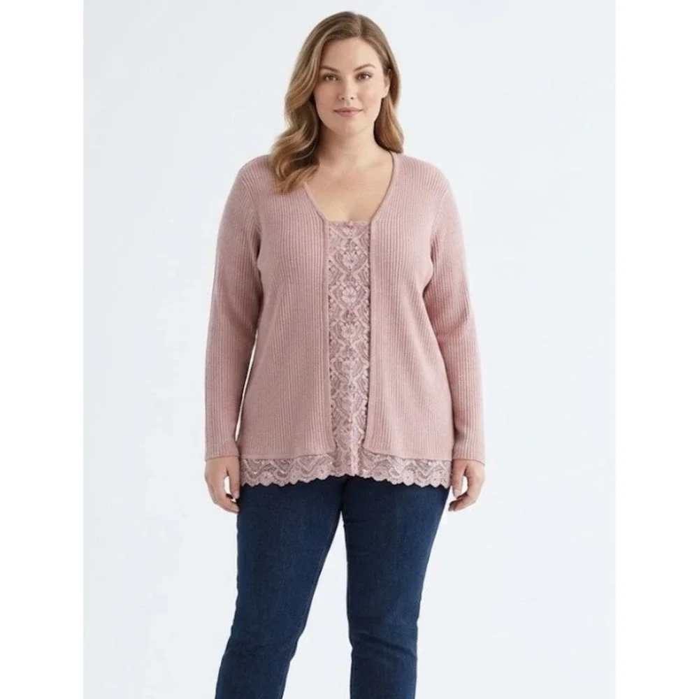 New Lane Bryant size 22/24 Pink Mauve‎ Lace Hook Closure Rib Knit Cardigan